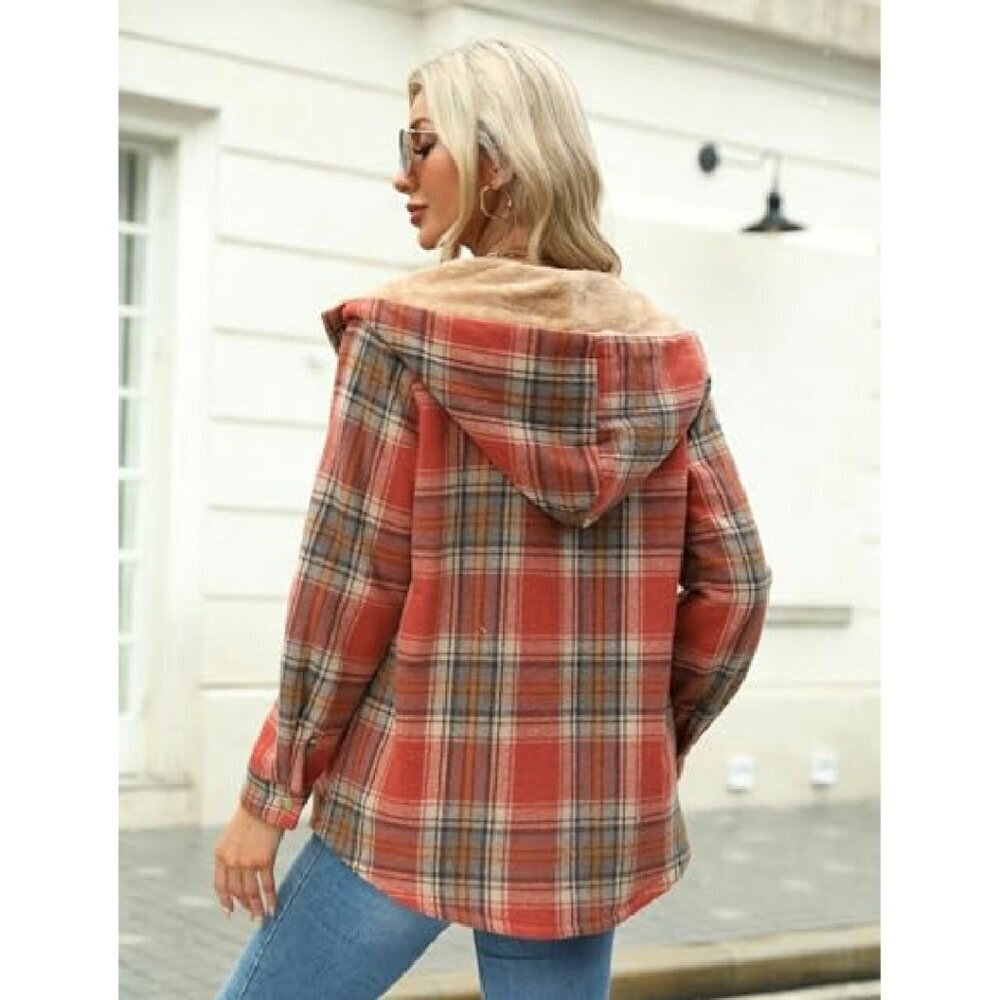 Women's Plaid Shacket Hooded Fleece Jacket Long Sleeve Button Front - Picture 4 of 8